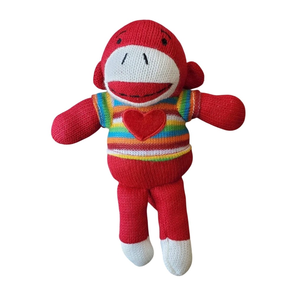 Dan Dee Red Sock Monkey Plush Rainbow Heart Sweater Knit Stuffed Animal